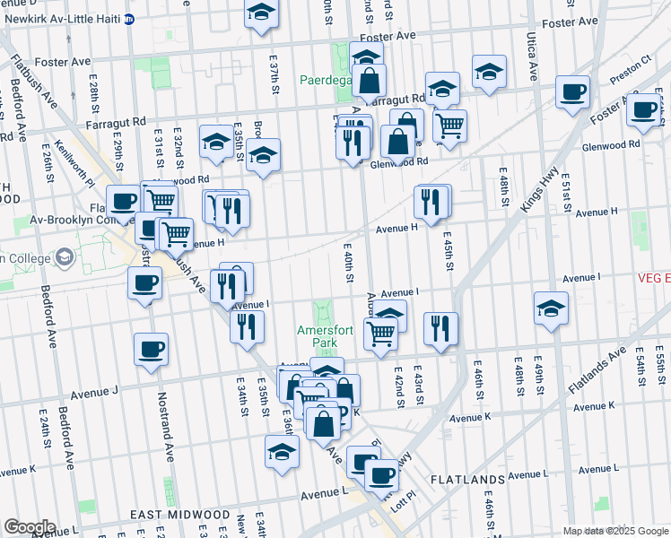 map of restaurants, bars, coffee shops, grocery stores, and more near 1016 East 40th Street in Brooklyn