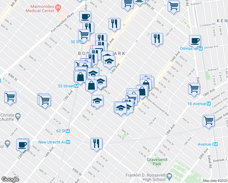 map of restaurants, bars, coffee shops, grocery stores, and more near 1460 52nd Street in Brooklyn
