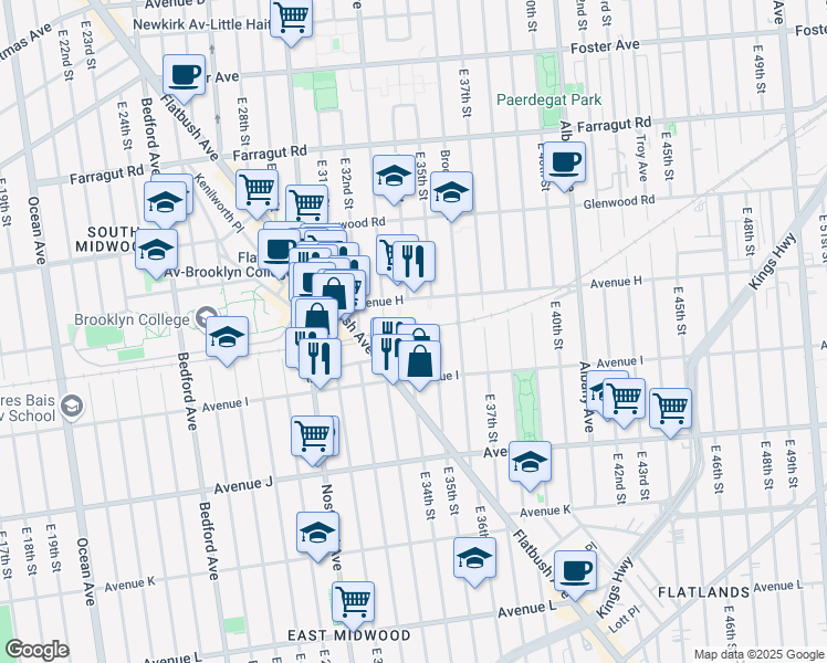 map of restaurants, bars, coffee shops, grocery stores, and more near 1655 Flatbush Avenue in Brooklyn