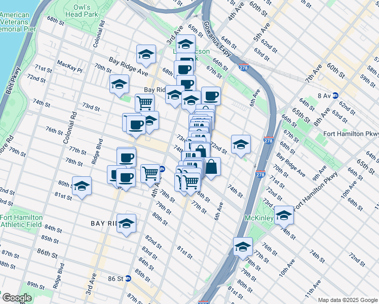 map of restaurants, bars, coffee shops, grocery stores, and more near 453 74th Street in Brooklyn