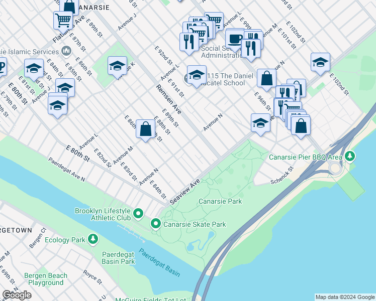 map of restaurants, bars, coffee shops, grocery stores, and more near 1409 East 88th Street in Brooklyn