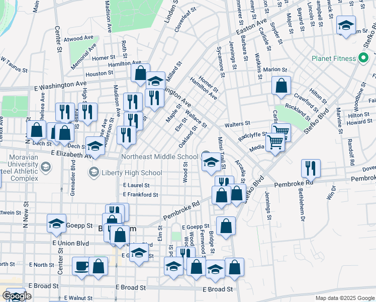 map of restaurants, bars, coffee shops, grocery stores, and more near 1414 Wood Street in Bethlehem