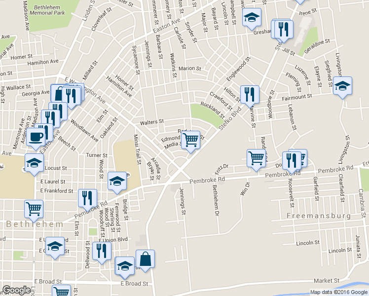 map of restaurants, bars, coffee shops, grocery stores, and more near 852 Media Street in Bethlehem