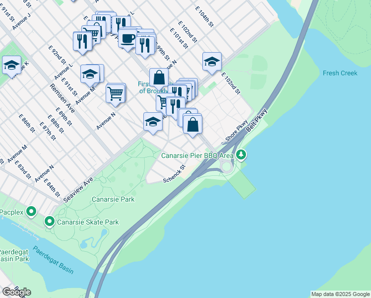 map of restaurants, bars, coffee shops, grocery stores, and more near 9325 Schenck Street in Brooklyn