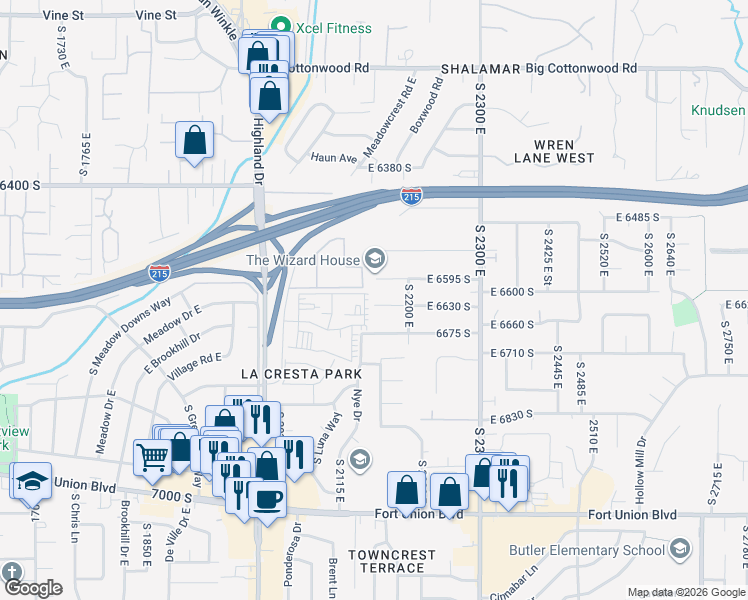 map of restaurants, bars, coffee shops, grocery stores, and more near 2149 East 6630 South in Cottonwood Heights