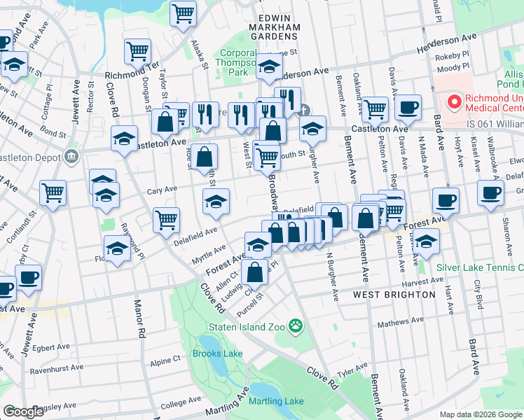 map of restaurants, bars, coffee shops, grocery stores, and more near in Staten Island