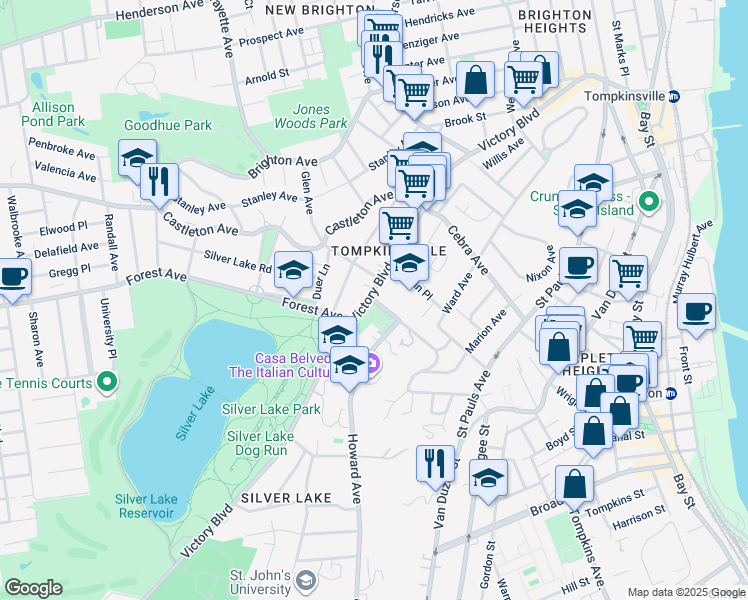 map of restaurants, bars, coffee shops, grocery stores, and more near Louis Street in Staten Island