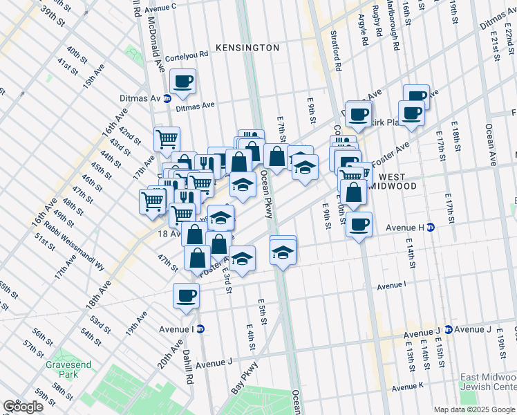 map of restaurants, bars, coffee shops, grocery stores, and more near 200 Lawrence Avenue in Brooklyn