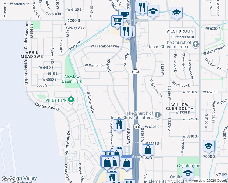map of restaurants, bars, coffee shops, grocery stores, and more near 6618 South Dixie Drive in West Jordan