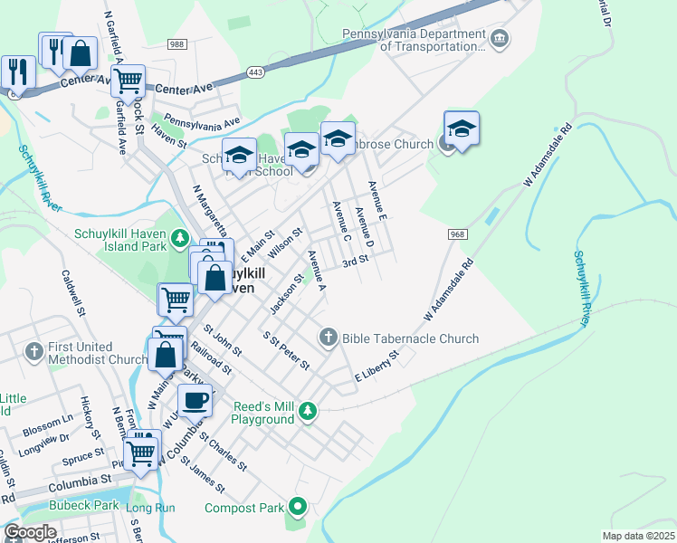 map of restaurants, bars, coffee shops, grocery stores, and more near 113 Avenue B in Schuylkill Haven