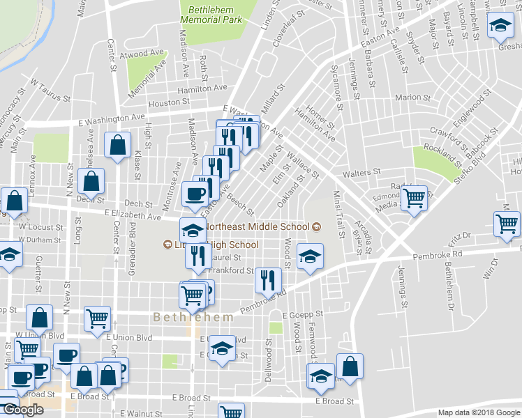 map of restaurants, bars, coffee shops, grocery stores, and more near 1410 Elm Street in Bethlehem