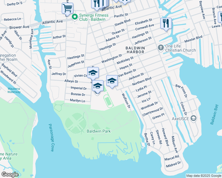 map of restaurants, bars, coffee shops, grocery stores, and more near 880 Jackson Street in Baldwin