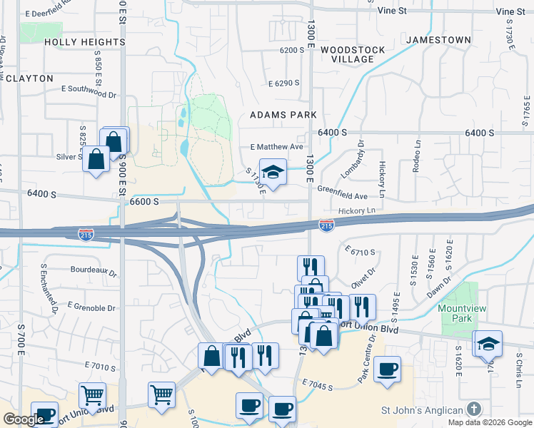 map of restaurants, bars, coffee shops, grocery stores, and more near 1162 East 6600 South in Murray