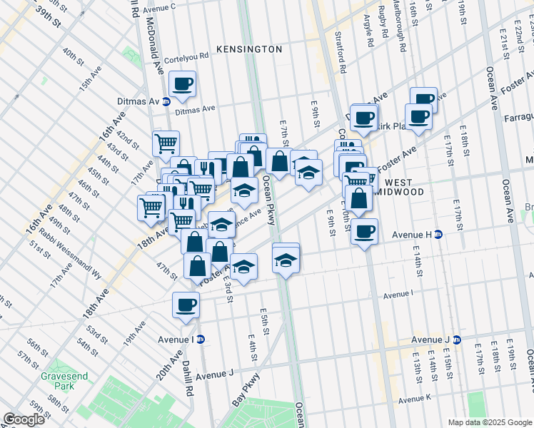 map of restaurants, bars, coffee shops, grocery stores, and more near 173 Parkville Avenue in Brooklyn
