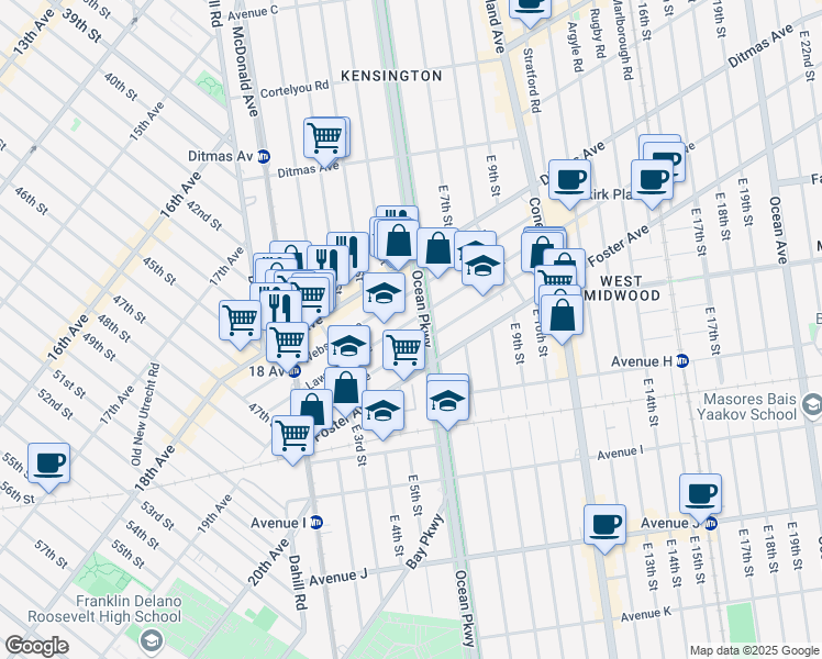 map of restaurants, bars, coffee shops, grocery stores, and more near 173 Parkville Avenue in Brooklyn