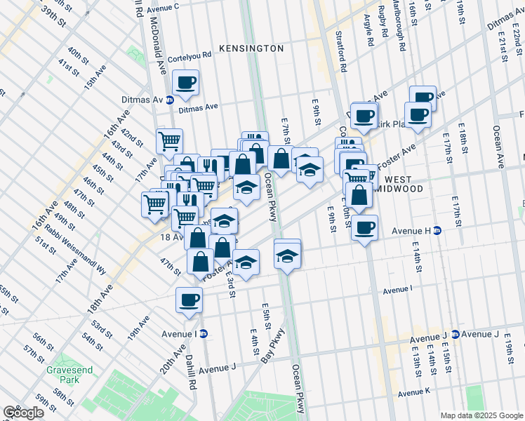 map of restaurants, bars, coffee shops, grocery stores, and more near 173 Parkville Avenue in Brooklyn
