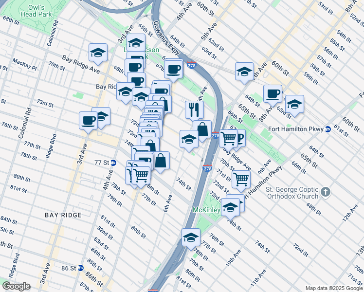 map of restaurants, bars, coffee shops, grocery stores, and more near 619 72nd Street in Brooklyn