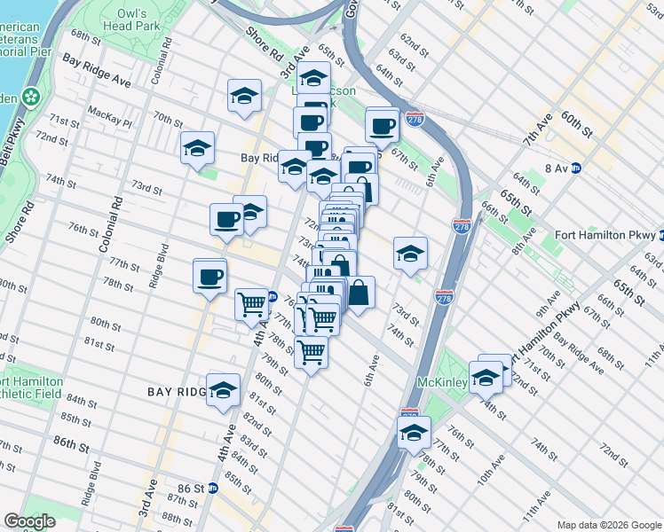 map of restaurants, bars, coffee shops, grocery stores, and more near 7317 5th Avenue in Brooklyn
