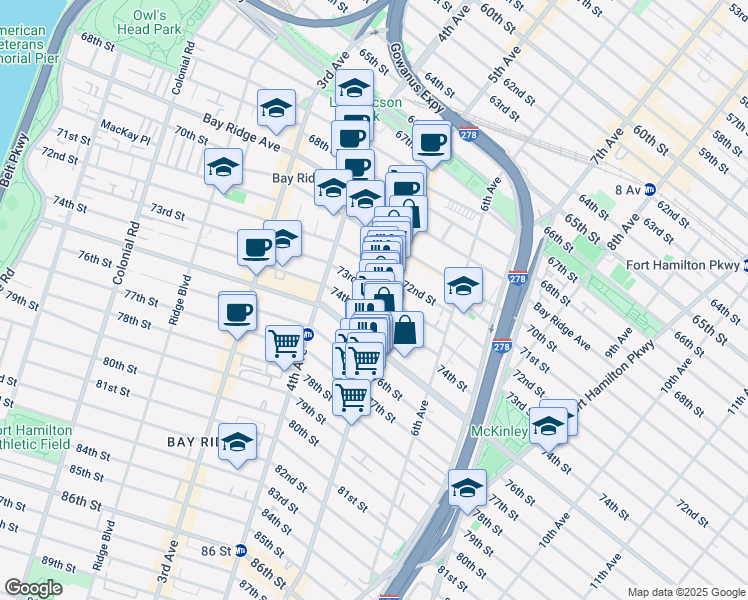 map of restaurants, bars, coffee shops, grocery stores, and more near 7402 5th Avenue in Brooklyn