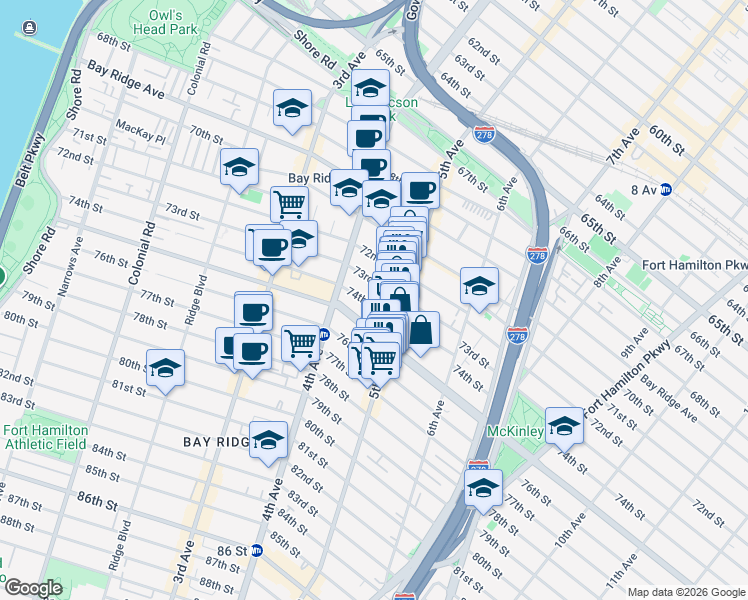map of restaurants, bars, coffee shops, grocery stores, and more near 454 74th Street in Brooklyn