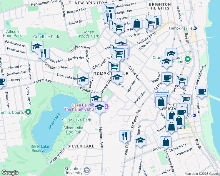 map of restaurants, bars, coffee shops, grocery stores, and more near Louis Street in Staten Island