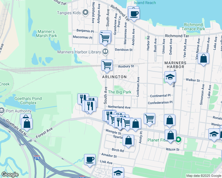 map of restaurants, bars, coffee shops, grocery stores, and more near in Staten Island
