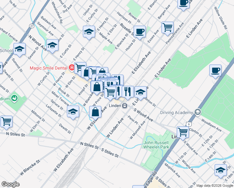 map of restaurants, bars, coffee shops, grocery stores, and more near 10 North Wood Avenue in Linden