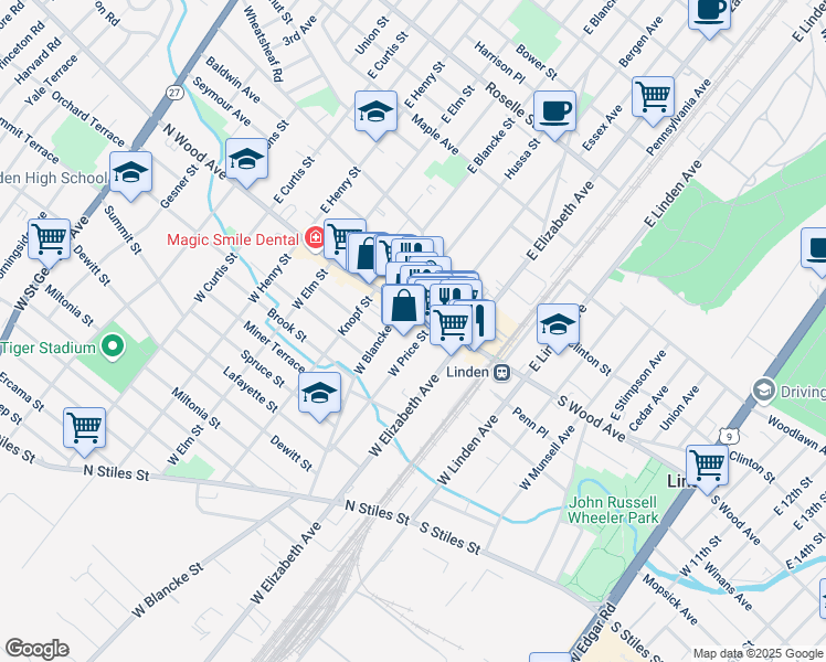 map of restaurants, bars, coffee shops, grocery stores, and more near 40 West Price Street in Linden