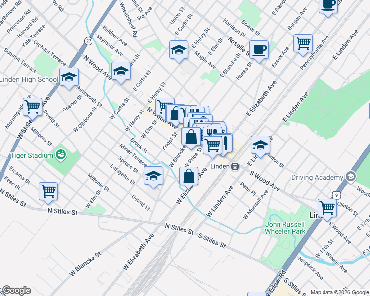map of restaurants, bars, coffee shops, grocery stores, and more near 40 West Price Street in Linden