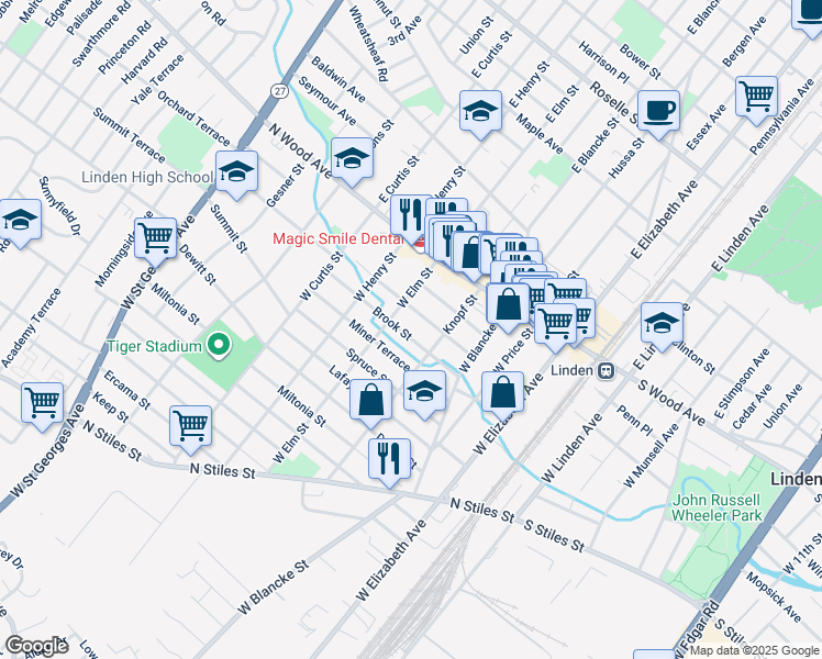map of restaurants, bars, coffee shops, grocery stores, and more near 430 Miner Terrace in Linden