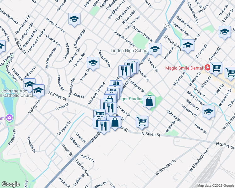 map of restaurants, bars, coffee shops, grocery stores, and more near 1015B Hollywood Road in Linden