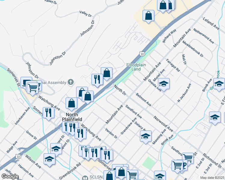 map of restaurants, bars, coffee shops, grocery stores, and more near 260 Sandford Avenue in North Plainfield