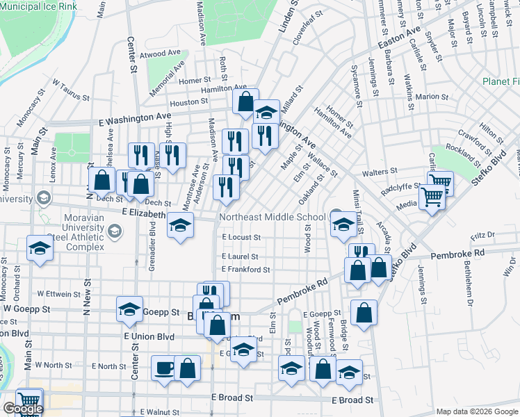 map of restaurants, bars, coffee shops, grocery stores, and more near 1240 Edge Street in Bethlehem