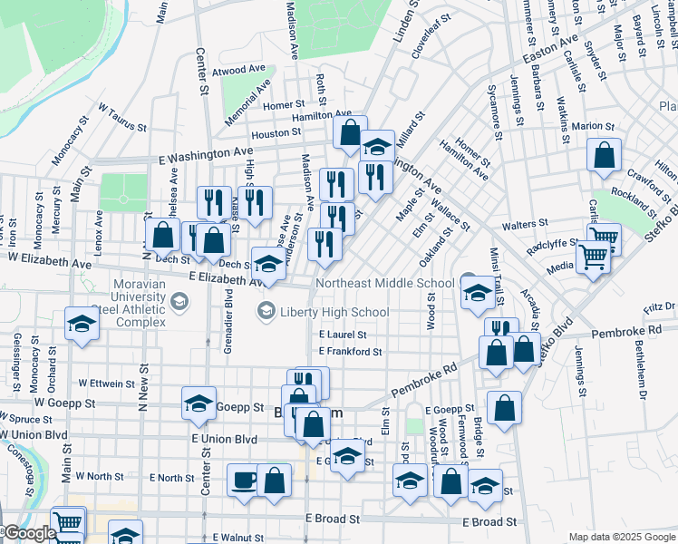 map of restaurants, bars, coffee shops, grocery stores, and more near 1225 Maple Street in Bethlehem