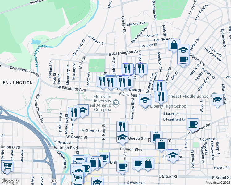 map of restaurants, bars, coffee shops, grocery stores, and more near 34 East Elizabeth Avenue in Bethlehem