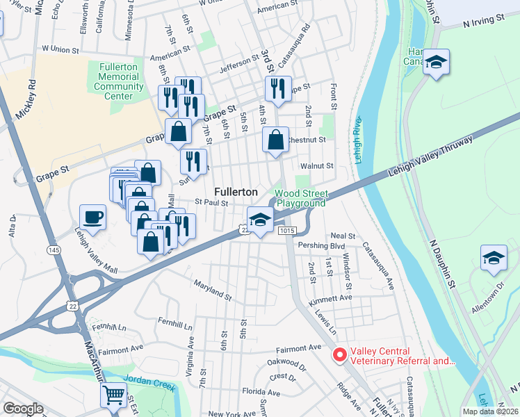 map of restaurants, bars, coffee shops, grocery stores, and more near 636 5th Street in Fullerton