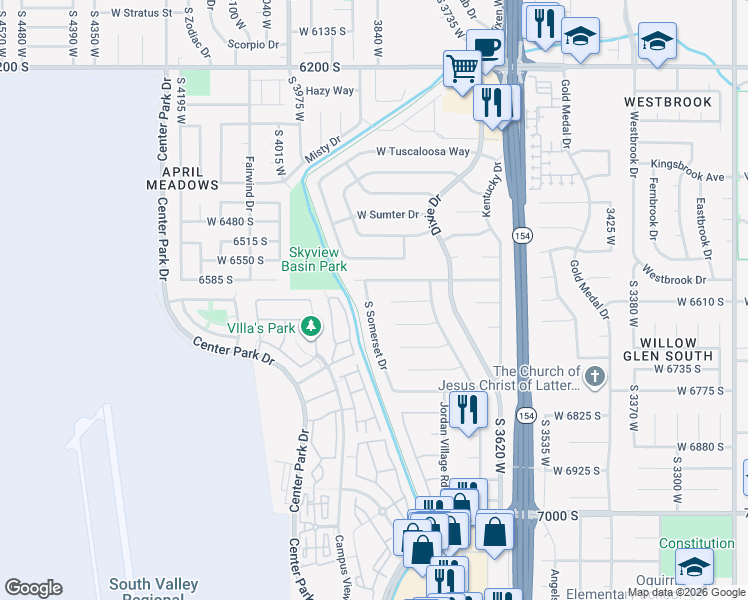 map of restaurants, bars, coffee shops, grocery stores, and more near 6635 South Somerset Drive in West Jordan