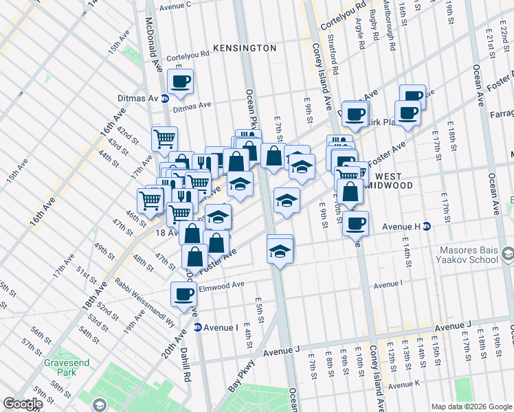 map of restaurants, bars, coffee shops, grocery stores, and more near 202 Lawrence Avenue in Brooklyn