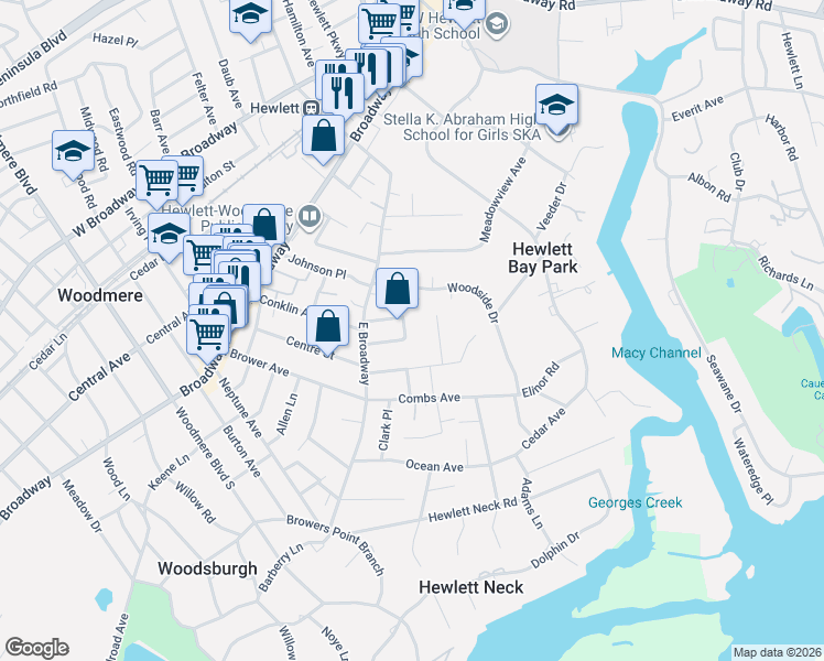 map of restaurants, bars, coffee shops, grocery stores, and more near 125 Palmyra Avenue in Woodmere