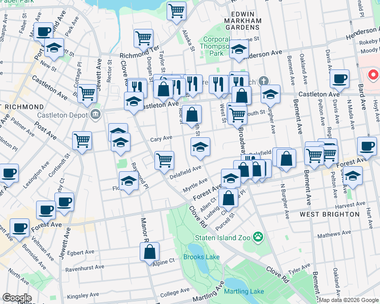 map of restaurants, bars, coffee shops, grocery stores, and more near 139 Roe Street in Staten Island