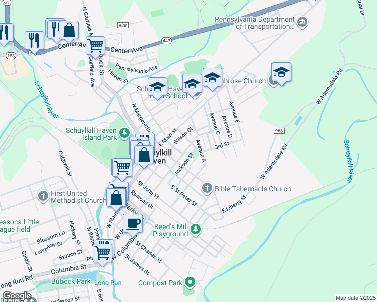 map of restaurants, bars, coffee shops, grocery stores, and more near 400 East Union Street in Schuylkill Haven