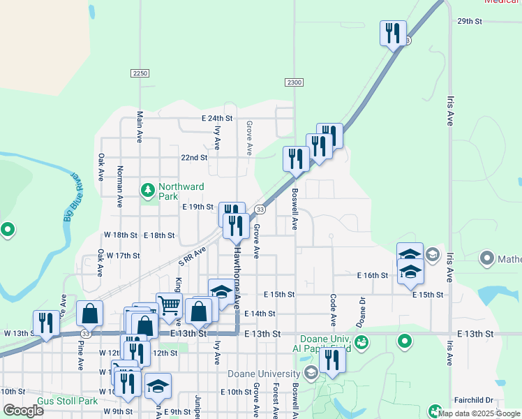 map of restaurants, bars, coffee shops, grocery stores, and more near 1840 Grove Avenue in Crete