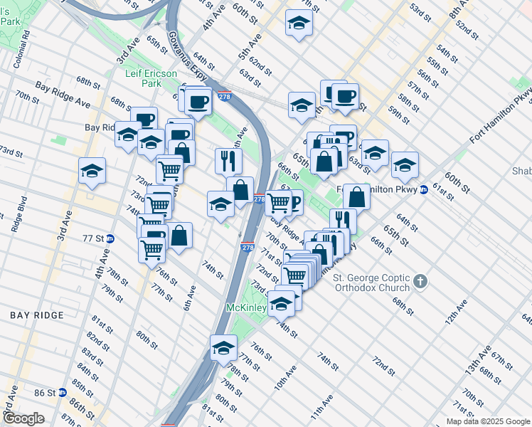 map of restaurants, bars, coffee shops, grocery stores, and more near 700 Bay Ridge Avenue in Brooklyn