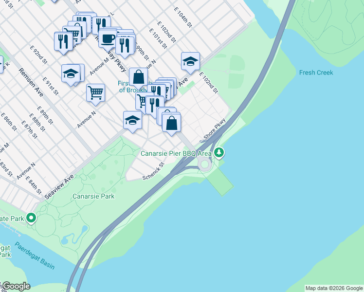 map of restaurants, bars, coffee shops, grocery stores, and more near 5905 Shore Parkway in Brooklyn