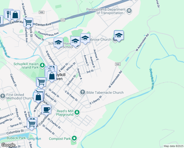 map of restaurants, bars, coffee shops, grocery stores, and more near 161 Avenue C in Schuylkill Haven