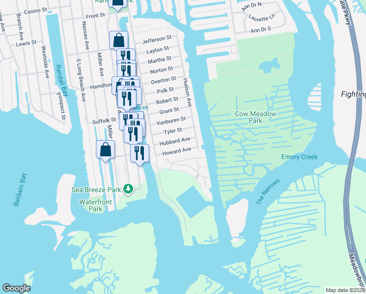 map of restaurants, bars, coffee shops, grocery stores, and more near 43 Howard Avenue in Freeport
