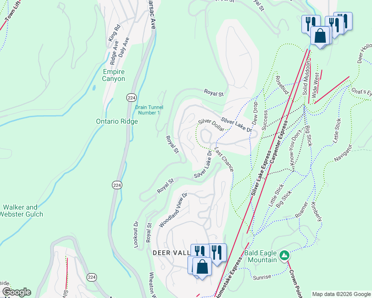 map of restaurants, bars, coffee shops, grocery stores, and more near 33 Silver Star Court in Park City