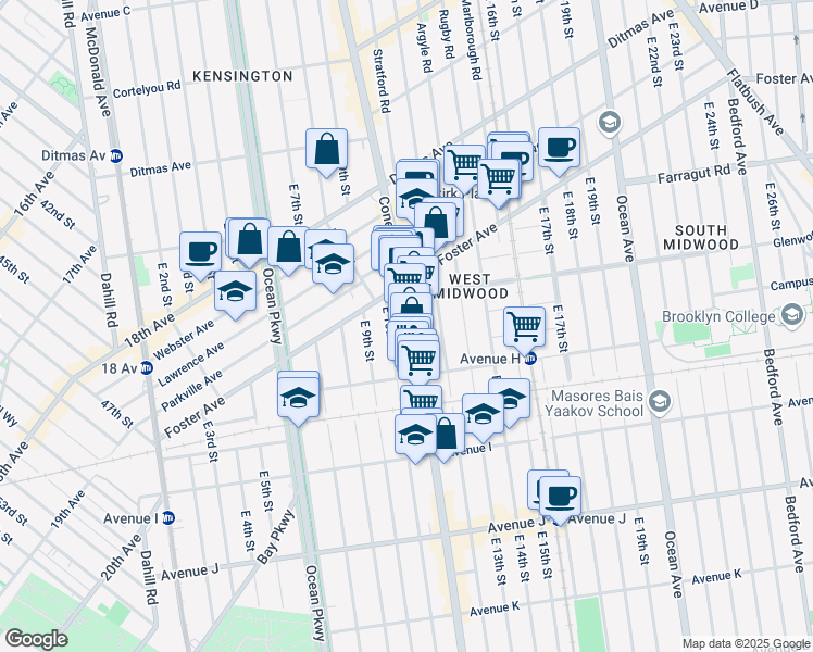 map of restaurants, bars, coffee shops, grocery stores, and more near 1106 Coney Island Avenue in Brooklyn
