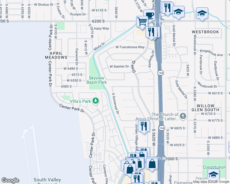 map of restaurants, bars, coffee shops, grocery stores, and more near 6635 South Somerset Drive in West Jordan