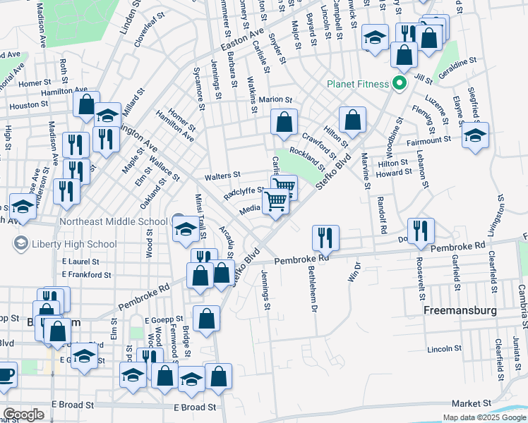 map of restaurants, bars, coffee shops, grocery stores, and more near 848 Media Street in Bethlehem